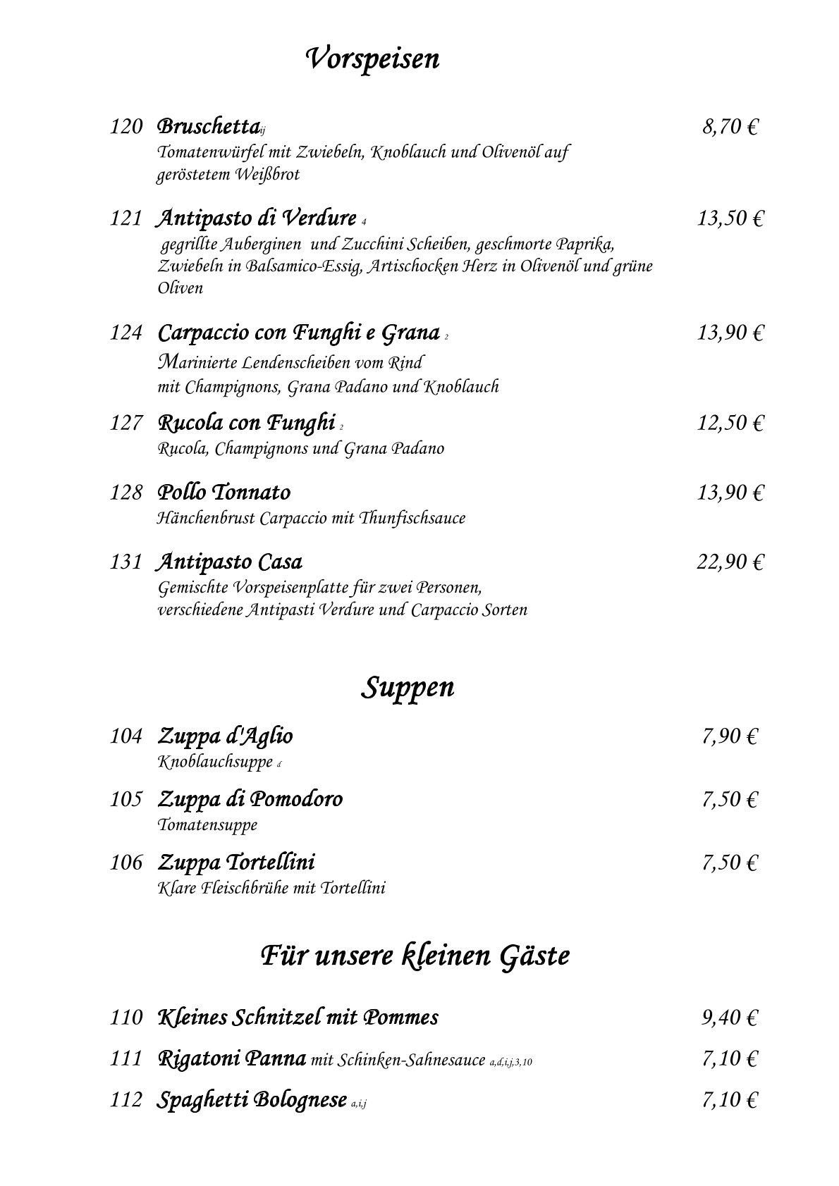Speisekarte Seite 1
